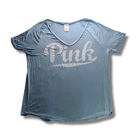 𝅺VS PINK Baby Blue Cream Cursive Logo Tee - Picture 1 of 4